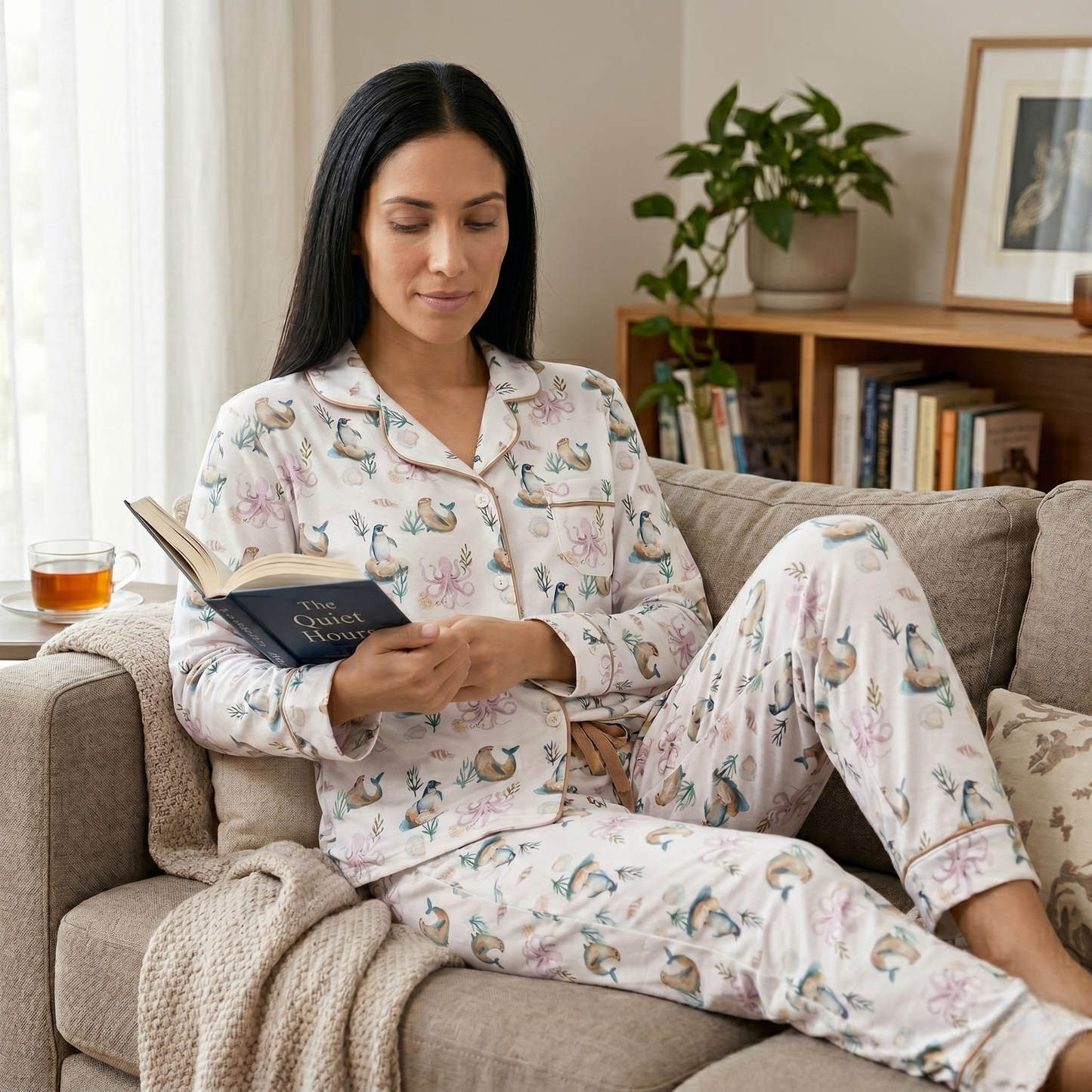 Pijama Largo Mujer Camisa 100% Algodón Pima – Pingüino y Calamar