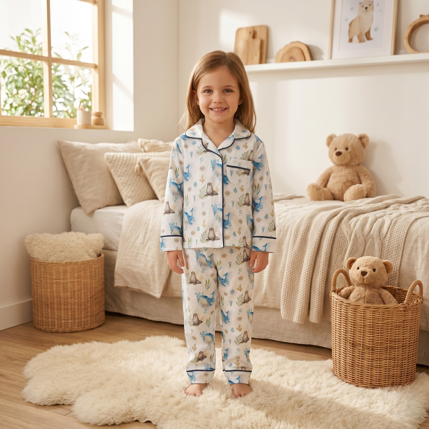 Pijama Largo niña Camisa 100% Algodón Pima – Ballena Azul
