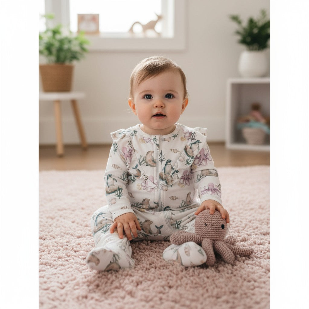 Enterito Largo Niña 100% Algodón Pima Vuelitos Frontales – Pingüino y Calamar