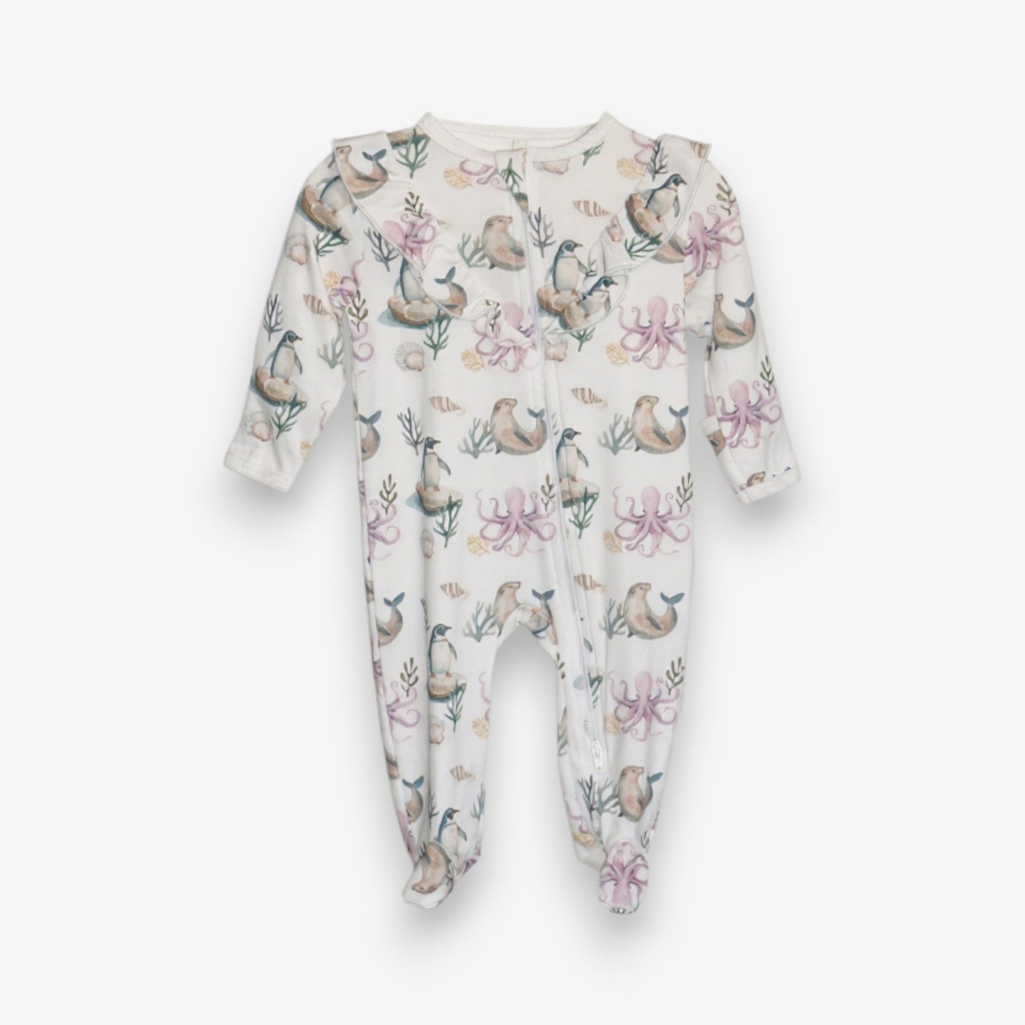 Enterito Largo Niña 100% Algodón Pima Vuelitos Frontales – Pingüino y Calamar