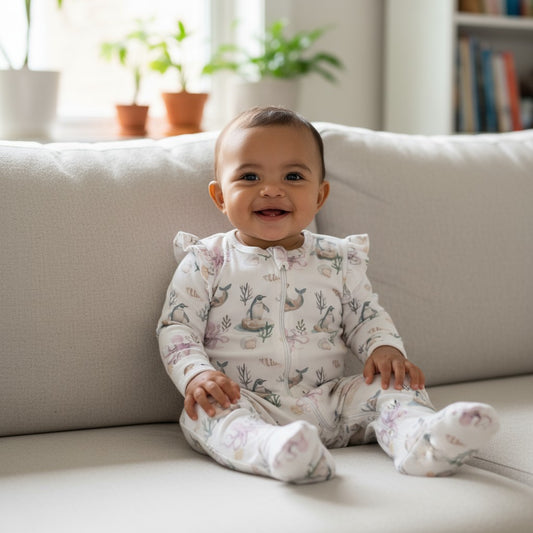 Enterito Largo Niña 100% Algodón Pima Vuelitos Laterales – Pingüino y Calamar