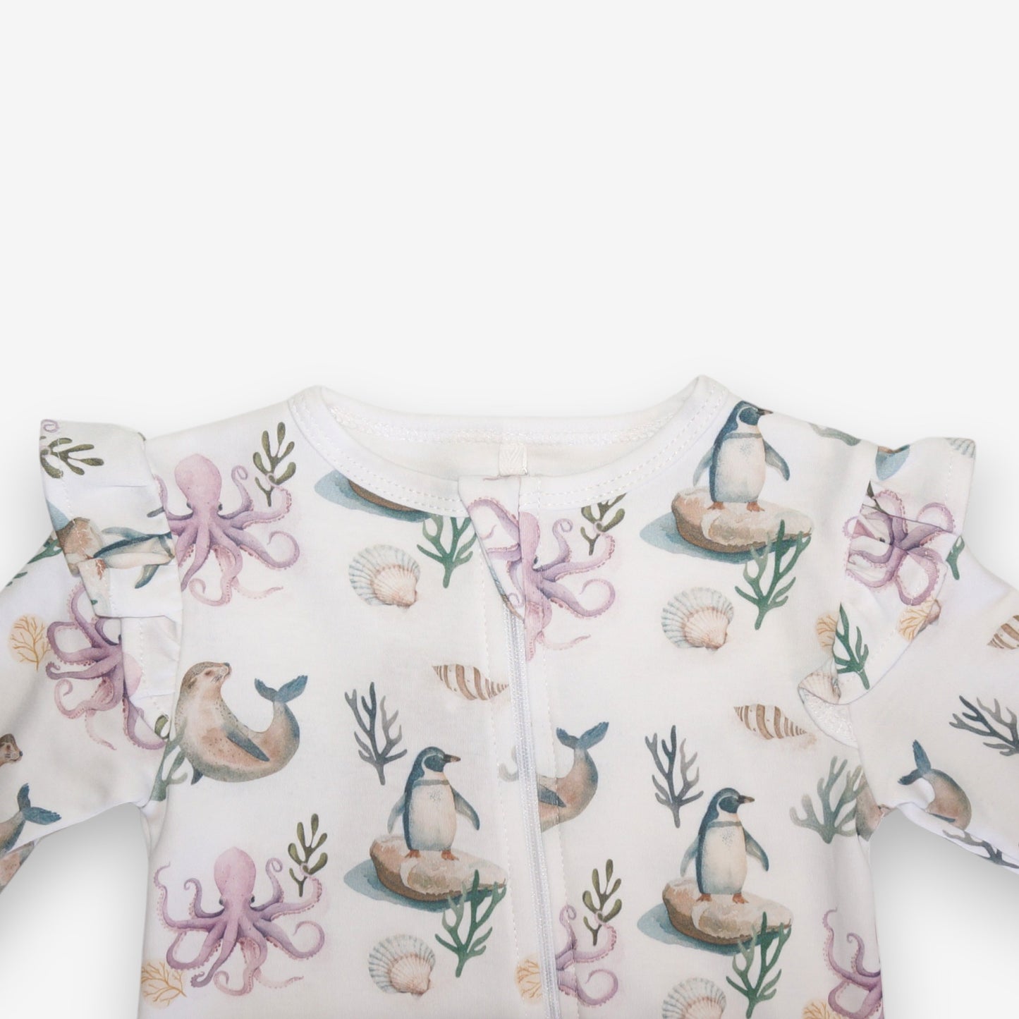 Enterito Largo Niña 100% Algodón Pima Vuelitos Laterales – Pingüino y Calamar