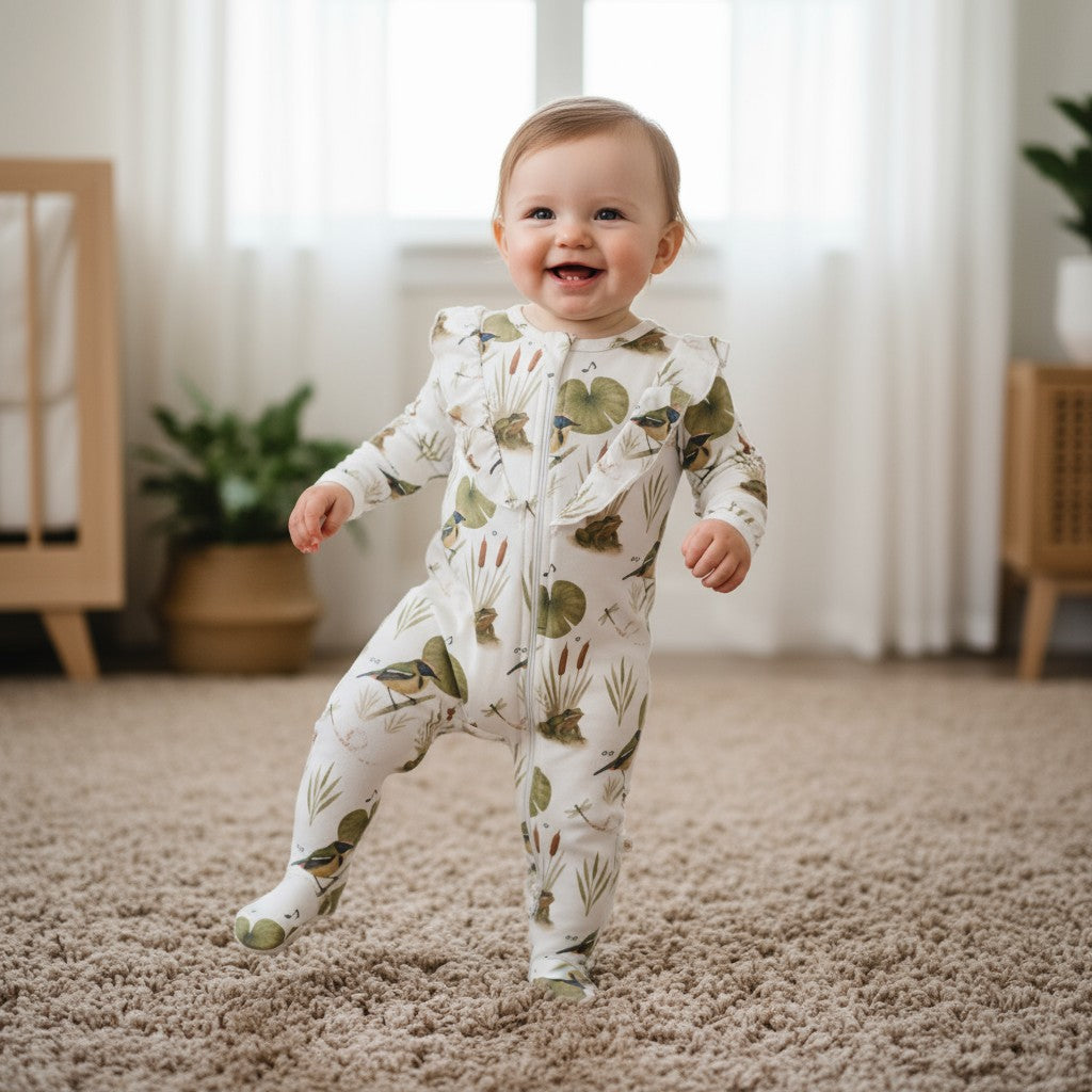 Enterito Largo Niña 100% Algodón Pima Vuelitos Frontales – Siete Colores y Ranita de Darwin